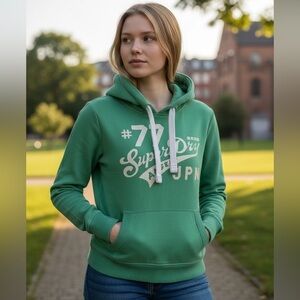 SUPERDRY (S) Keep It Mint Green Hoodie Pouch Logo Glitter Drawstring Soft Cozy